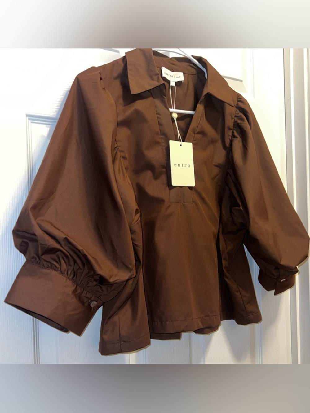 Small Entro Chocolate Brown Puff-Sleeve Cotton Blouse - Picture 3 of 7